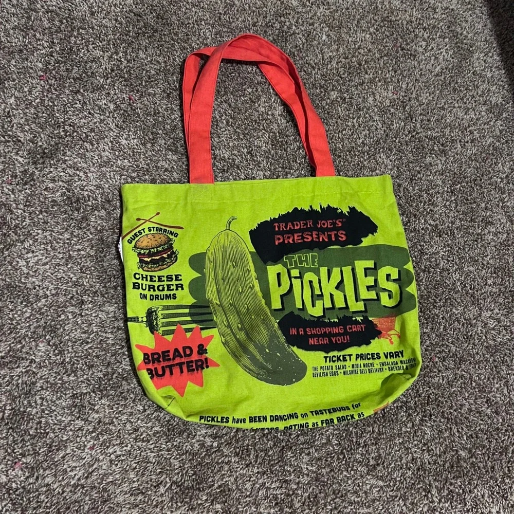 Trader Joes Pickle In A Jar Reusable Canvas Tote Bag Green Made in USA